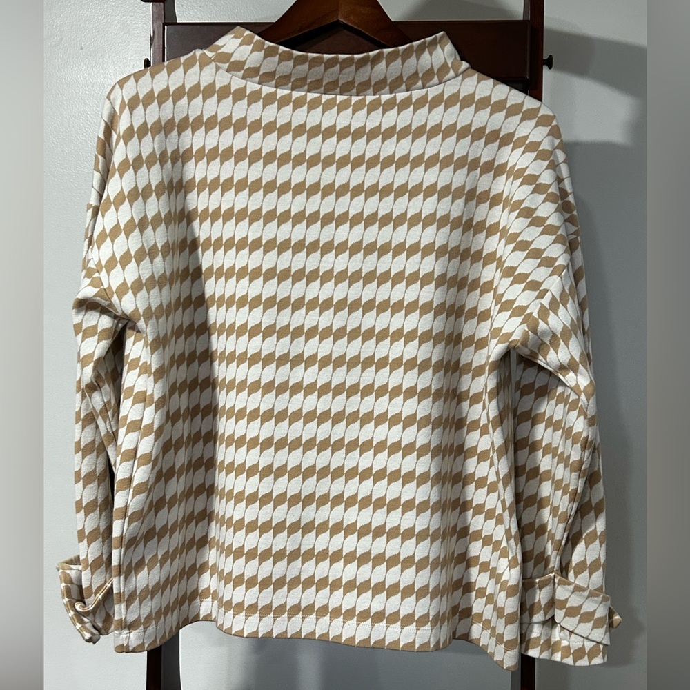 Ann Taylor Women’s Large Tan White Geometric Long Sleeve Top Button Cuff Shirt - Picture 4 of 6